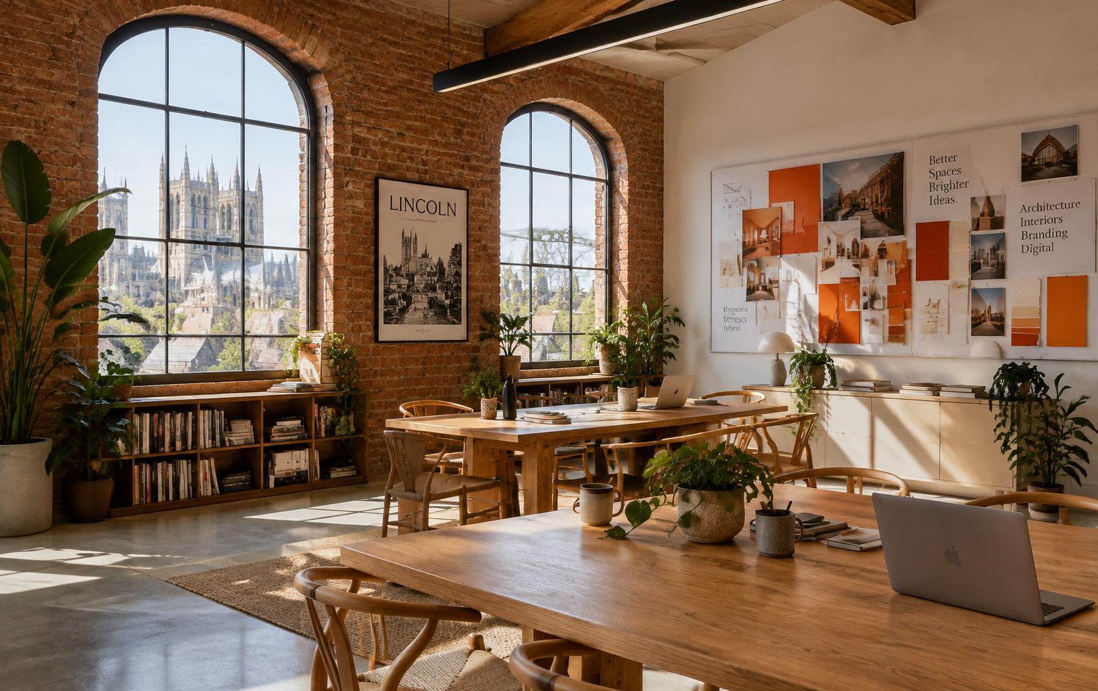 Bright brick studio in Lincoln with arched windows and mood boards
